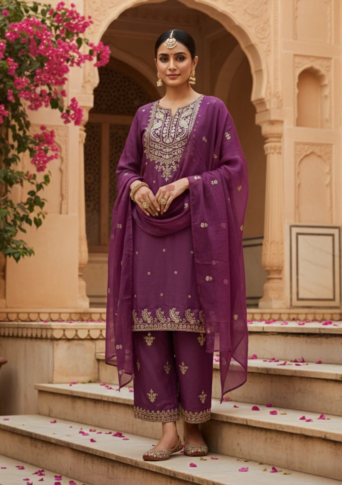 Wine Art Silk Sequins Straight Kurta With Palazzo And Dupatta